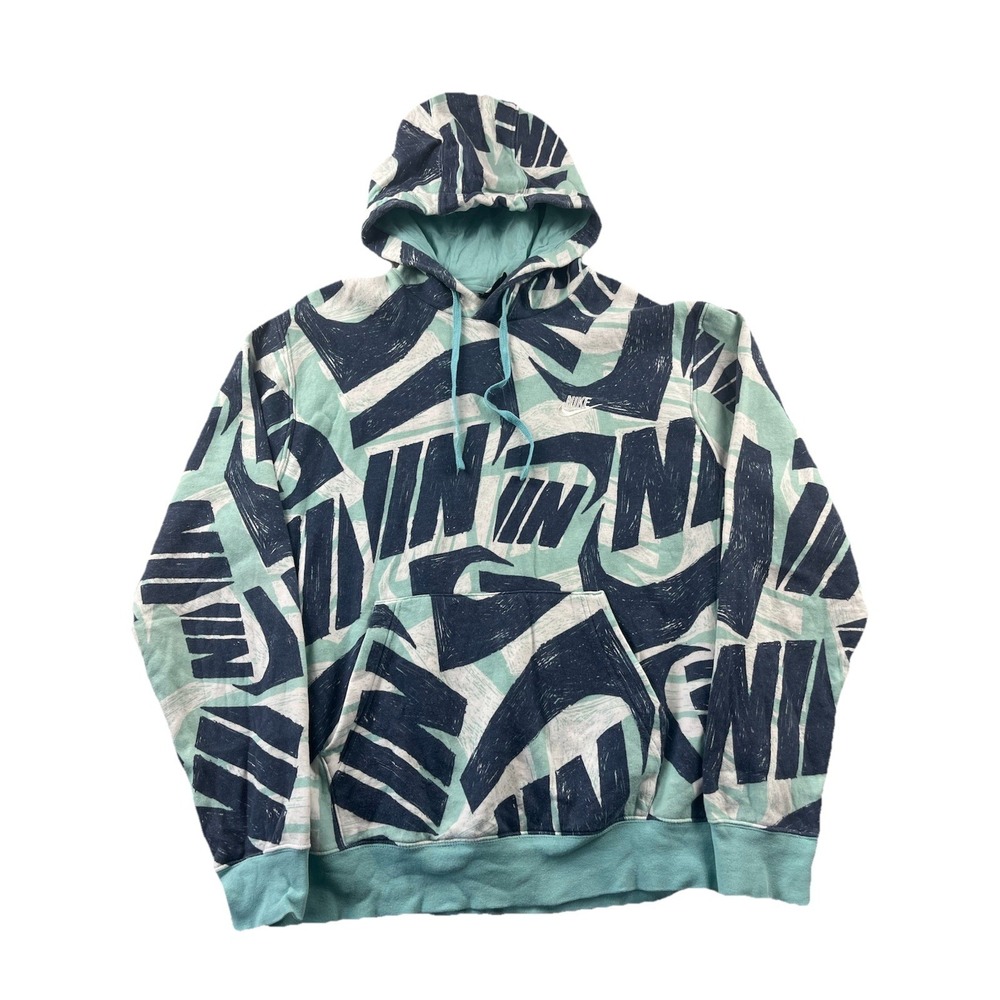 Nike Sportswear Hoodie All Over Print Logo Pullover Fleece Sweatshirt Men Medium